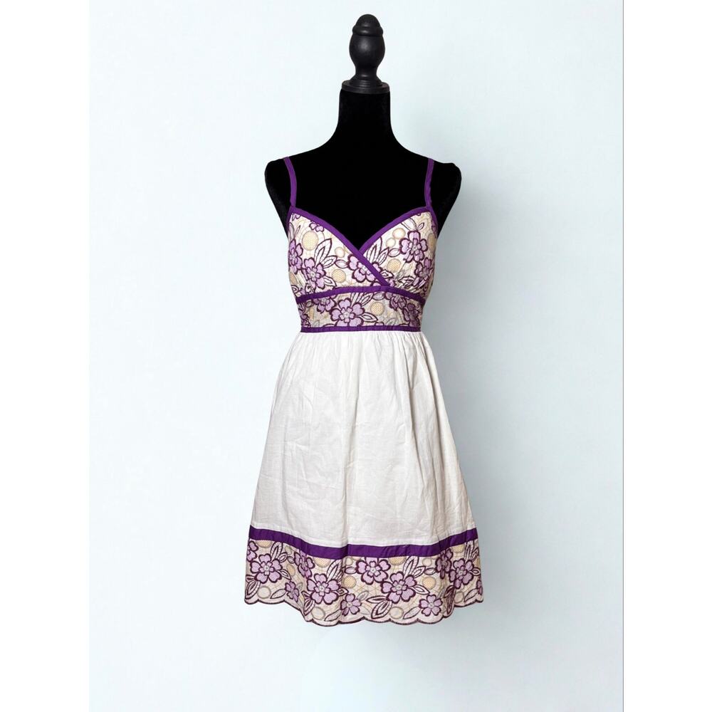 Vtg Y2K XOXO White Tieback Babydoll Dress Purple Floral Embroidery Size S